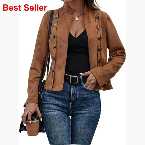 Faux Suede Leather Jacket Long Sleeve Blazer Cropped Slim Waist - Picture 1 of 5